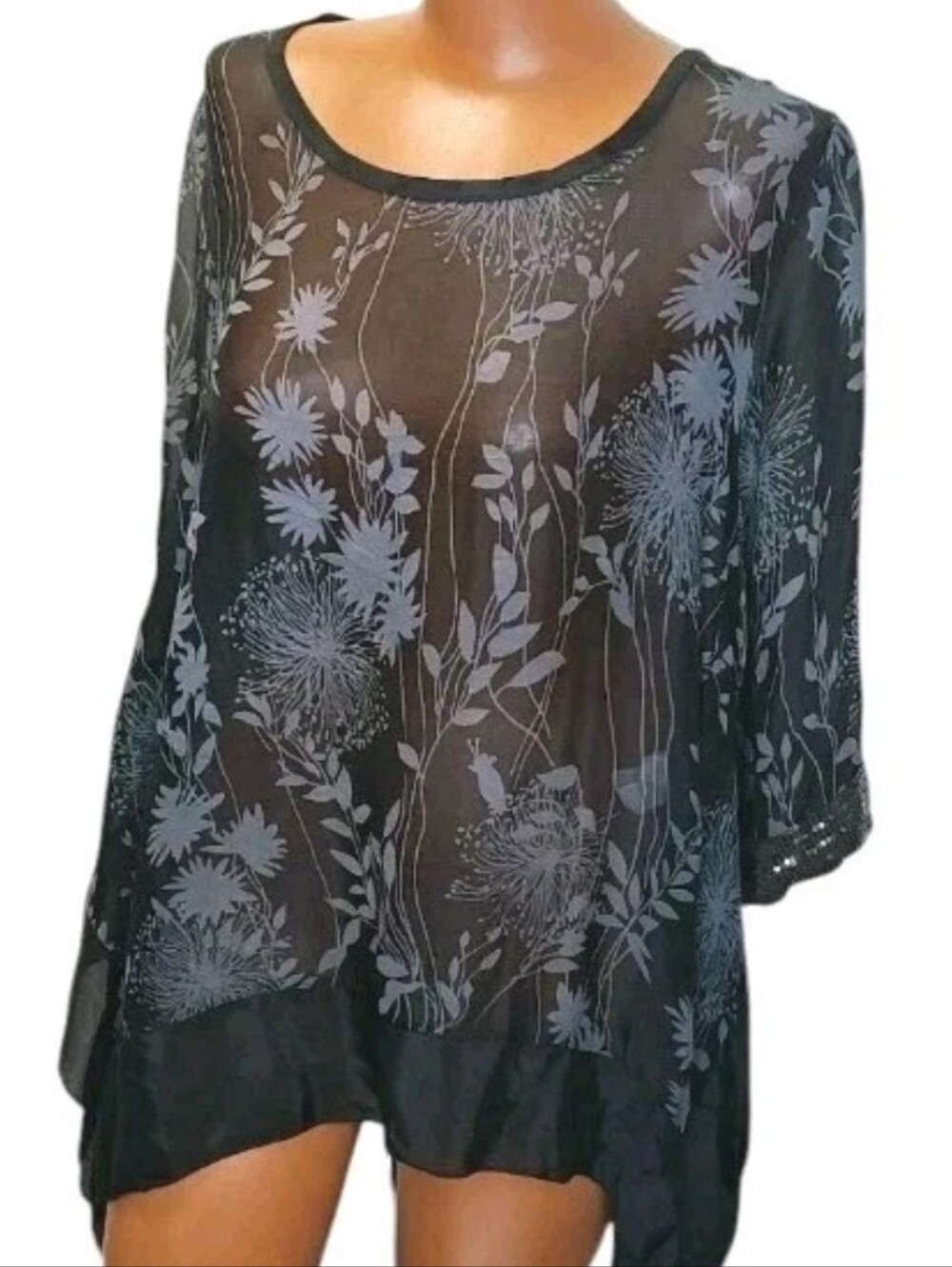 Resort Italian Silk Cover-up Tunic Woman O/S Sheer Black Floral Sequined Topper